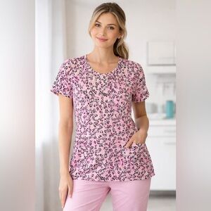 Cherokee Pink Leopard Print Short Sleeve Women's Scrub Top Sz S